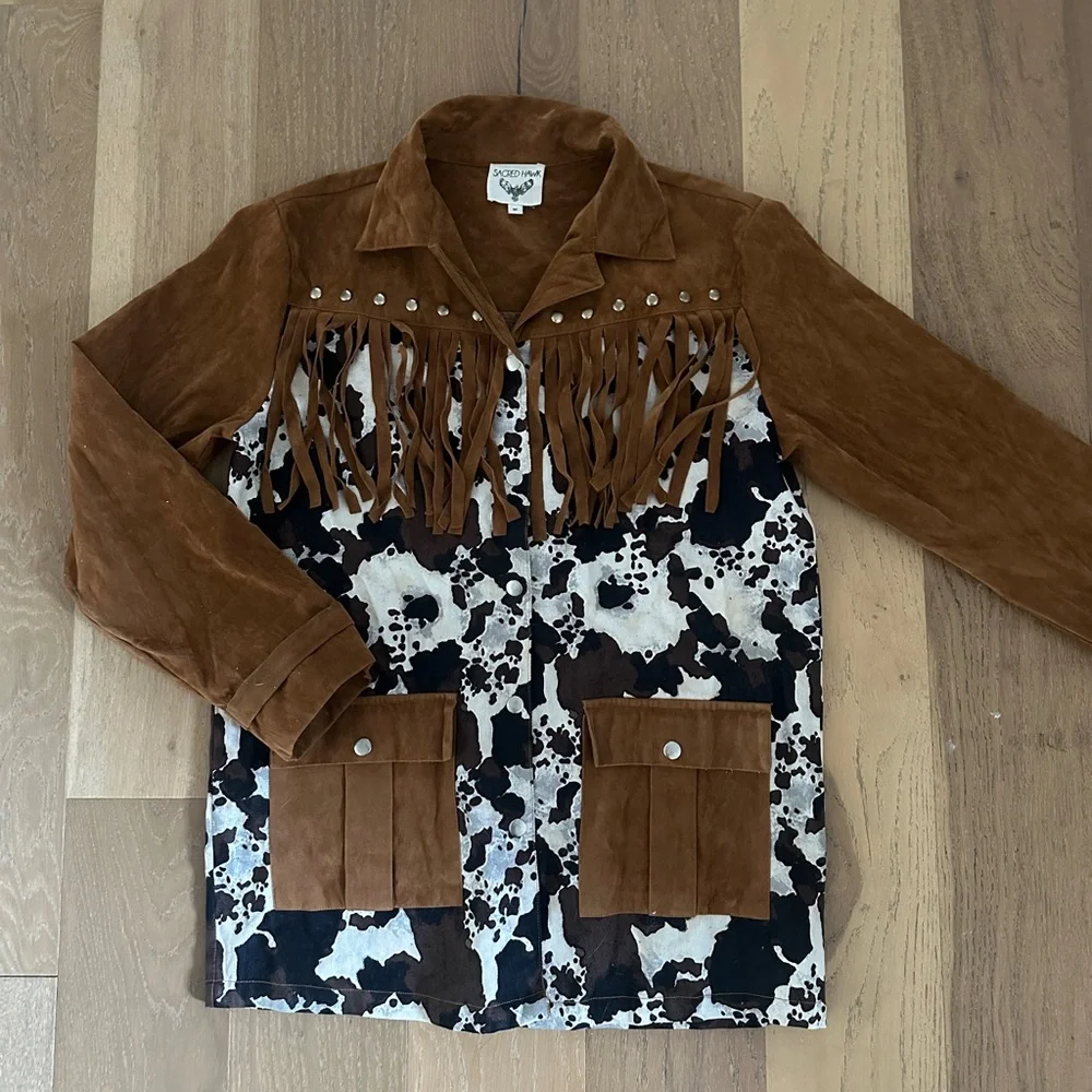 Cow Print Fringe Suede Studded Jacket - Picture 1 of 6